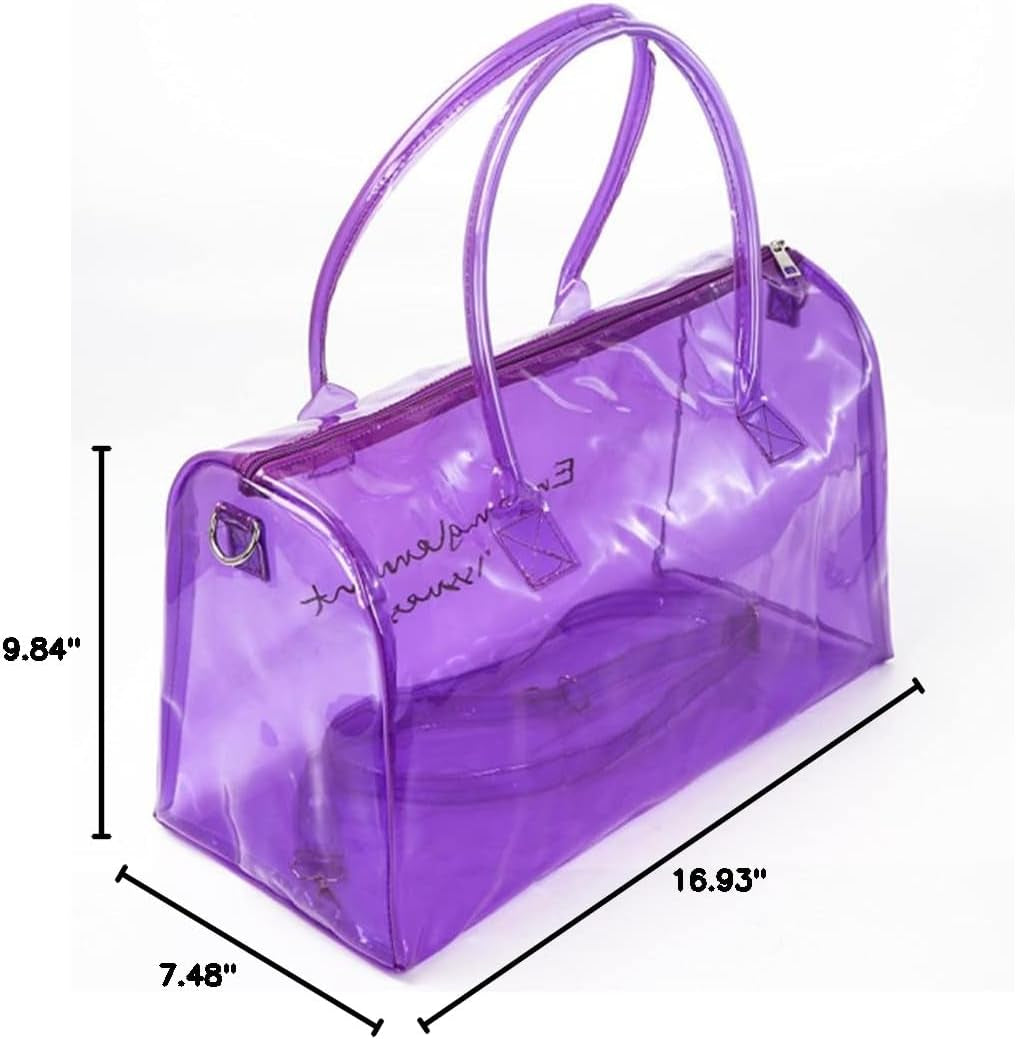 Clear Gym Bag for Women, Clear PVC Tote Bag Large Sports Duffel Bag Bright Candy Color Jelly Bag with Durable Metal Zipper for Gym, Travel, Beach Purple
